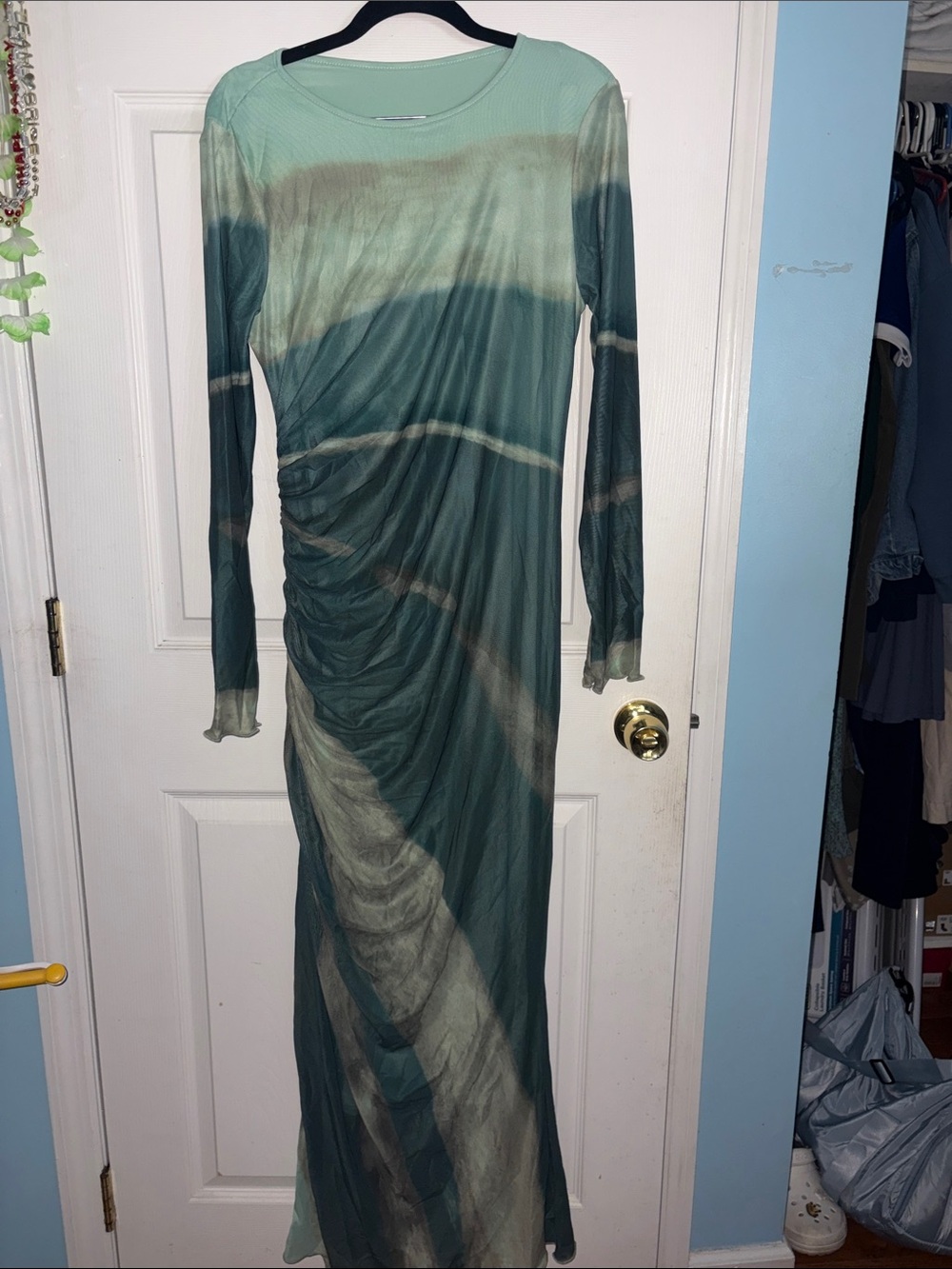 Long Sleeve Ruched Maxi Dress in Teal and Sage